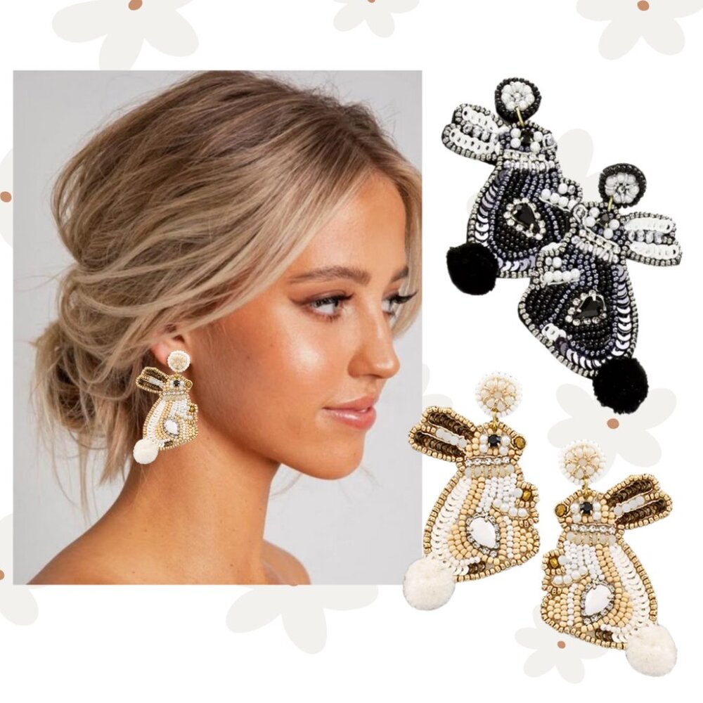 NEW Crystal & Pom-Pom Accent Easter Bunny Seed Beaded Black White Gift Earrings